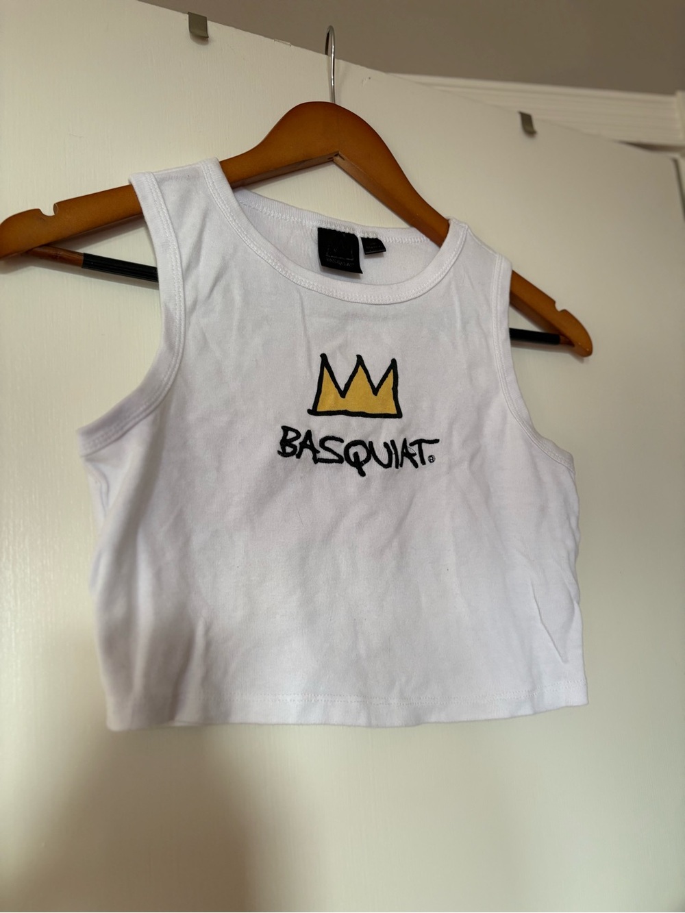 Basquiat White Cropped Tank Top with Yellow Crown Graphic